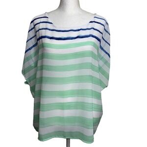 NWT Chico's Sheer Watercolor Stripe Poncho Top Blue Mint Green Boho Artsy SZ 2/L